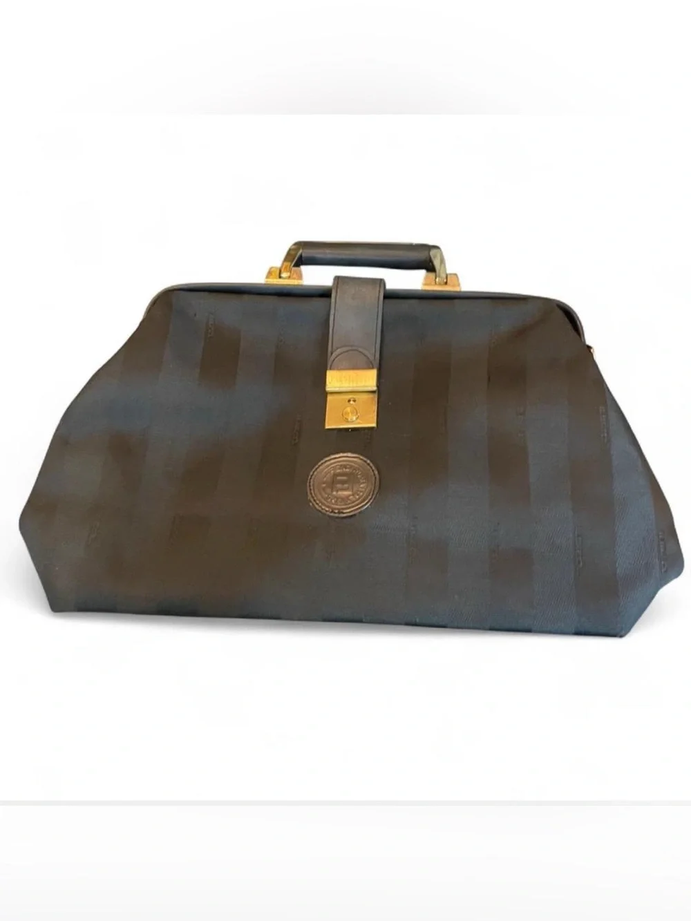 Vintage Fendi Black Striped styled Doctor Bag with Gold Hardware see pics